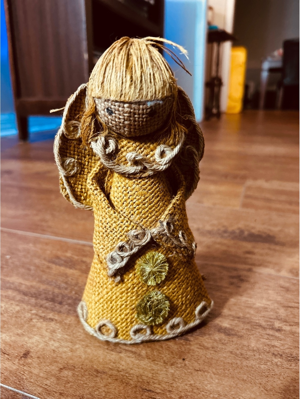 Handcrafted Rustic Burlap Angel Figurine with Embroidered Details